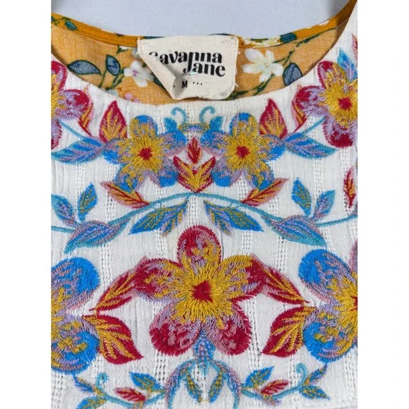 Savanna Jane Cottagecore Yellow Floral Embroidered Boho Pom Pom Trim Blouse M - Picture 7 of 13